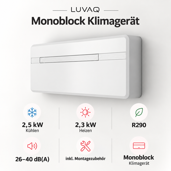 LUVAQ LVMBK25 Monoblock Klimagerät 2,5 kW – Heizen & Kühlen ohne Außengerät | R290