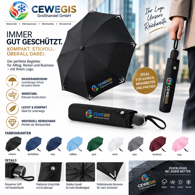 FARE® Taschenschirm Safebrella® schwarz, Ø 98 cm – individuell bedruckbar