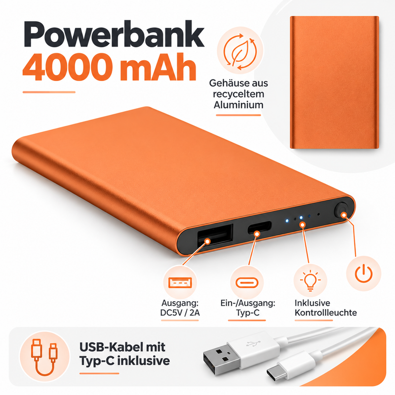 Powerbank POWERFLAT C 4000 mAh – recyceltes Aluminium | personalisierbar