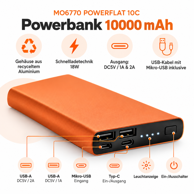 Powerbank 10.000 mAh mit Logo – USB-C PD 18W | recyceltes Aluminium