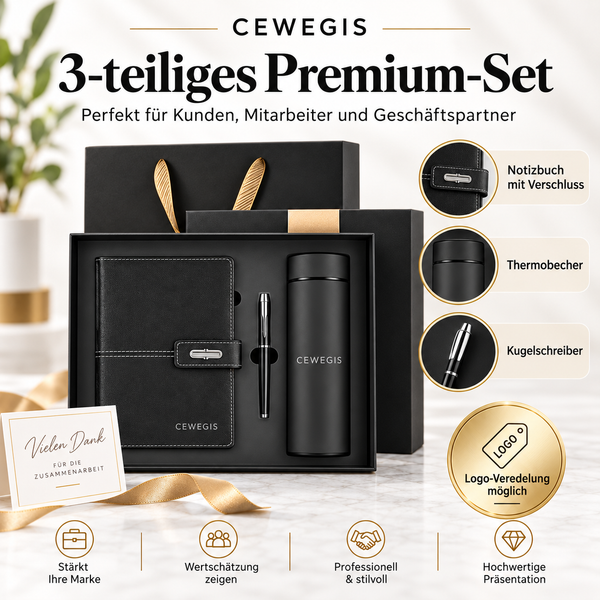Premium Geschenkset personalisierbar Notizbuch Thermobecher Kugelschreiber Leder