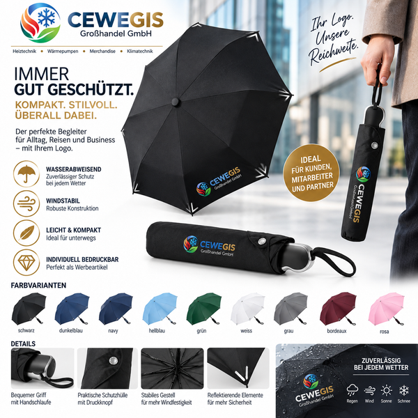 FARE® Taschenschirm Safebrella® schwarz, Ø 98 cm – individuell bedruckbar